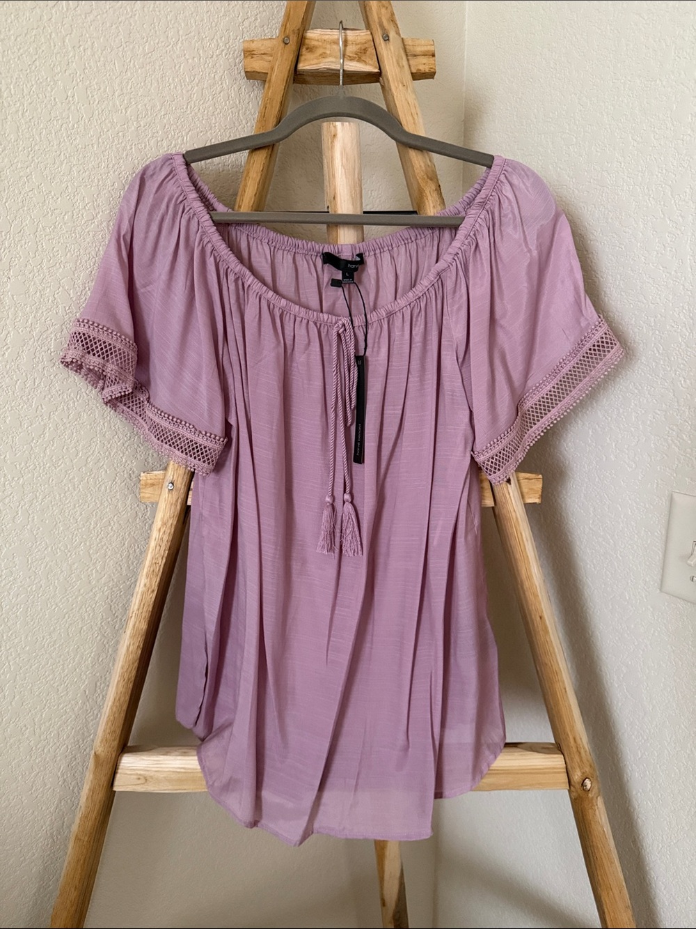 Harve Benard Dusty Lavender Off-Shoulder Peasant Top with Tassel Tie